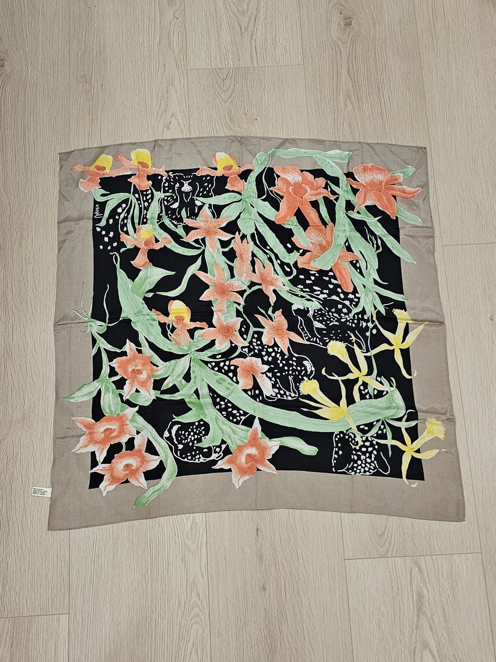 Vintage Vera Neumann Silk Scarf Orchid Floral Japan 31in Square Black Taupe
